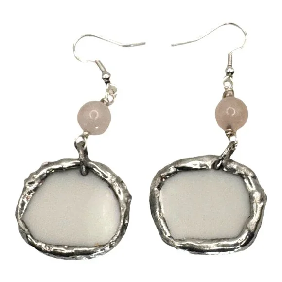 Broken China Floral Earrings W/ 925 Hooks & Silver Blend Bezel With Rose Quartz - Picture 6 of 14